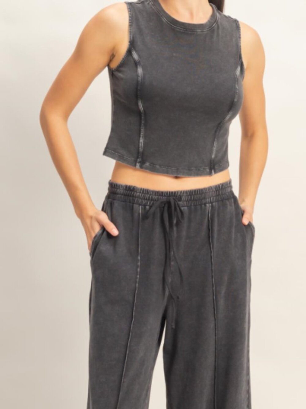 Mineral Washed Sleeveless Top & Wide Leg Pants Set - BLACK
